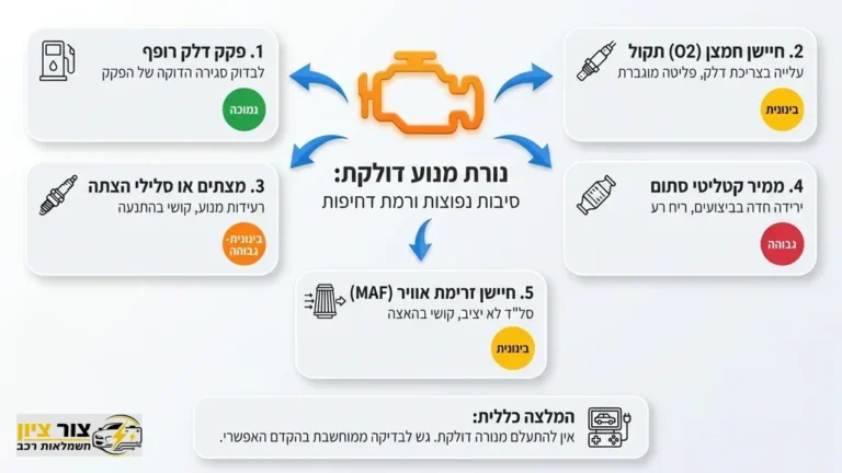 נורת מנוע דולקת בלוח המכוונים של הרכב