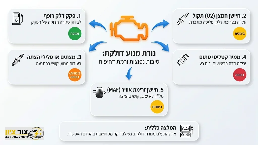 נוצר על ידי מודל בינה מלאכותית Gemini Pro נורת מנוע דולקת בלוח המכוונים של הרכב