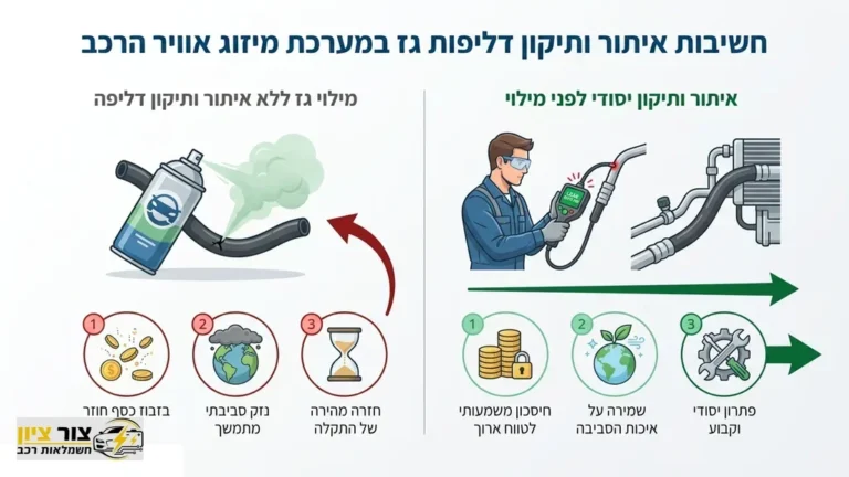 טכנאי רכב בודק דליפת גז במערכת מיזוג אוויר